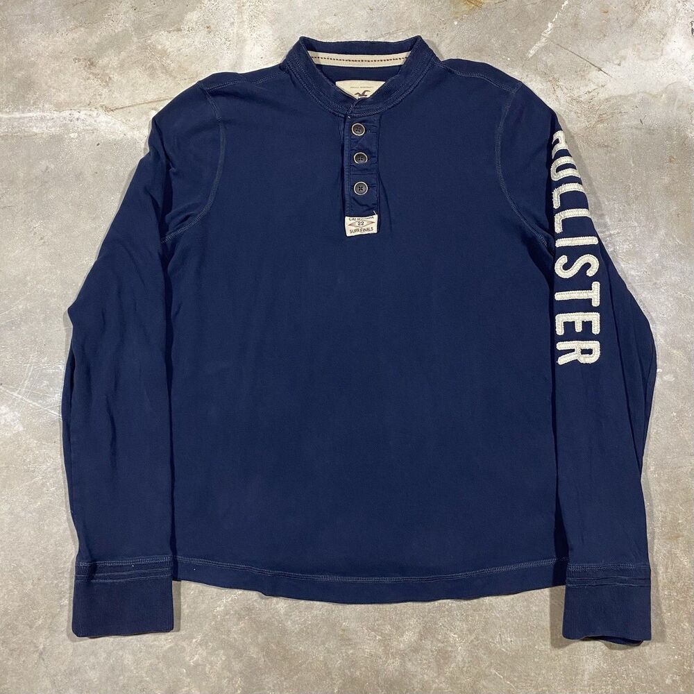 Hollister Surf Finals Henley Long Sleeve Shirt Navy Blue Spell Out XL
